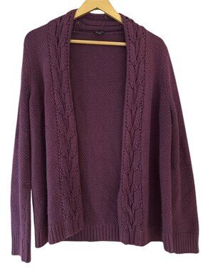 Talbots Plum Open Front Cardigan Cable Knit Trim Cozy Sweater